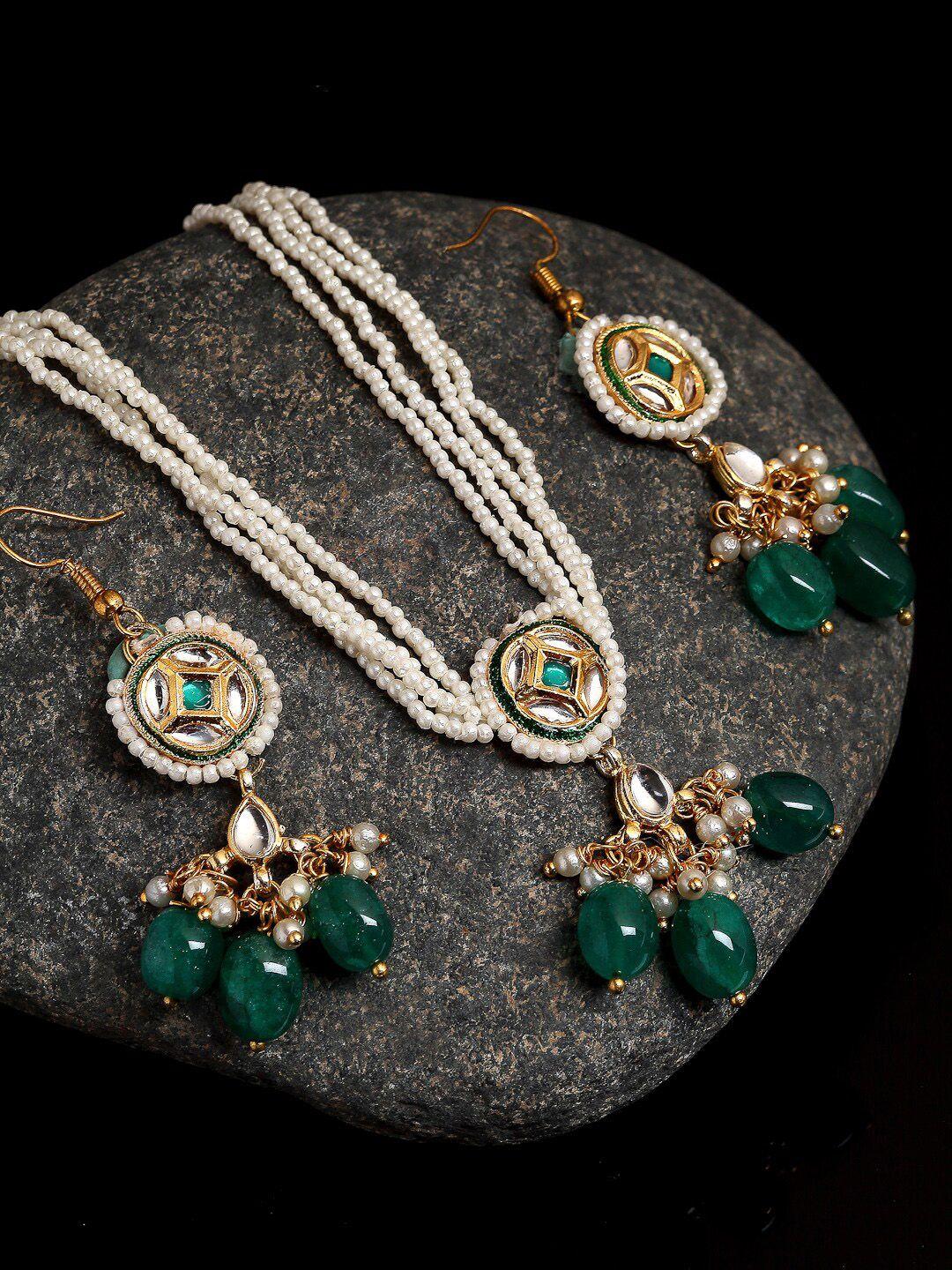 dugristyle gold-plated green kundan-studded & beaded jewellery set
