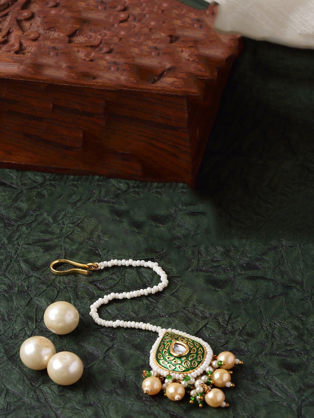 dugristyle gold-plated kundan-stone studded & pearls beaded maang tikka
