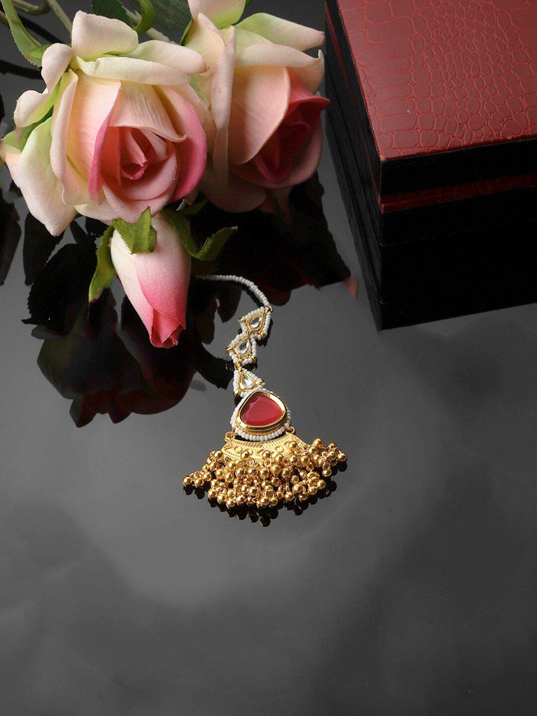 dugristyle gold-plated kundan stones studded & beaded maang tika