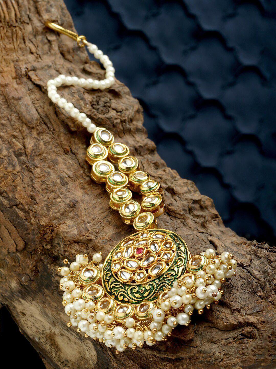 dugristyle gold-plated kundan-studded & beaded maangtika