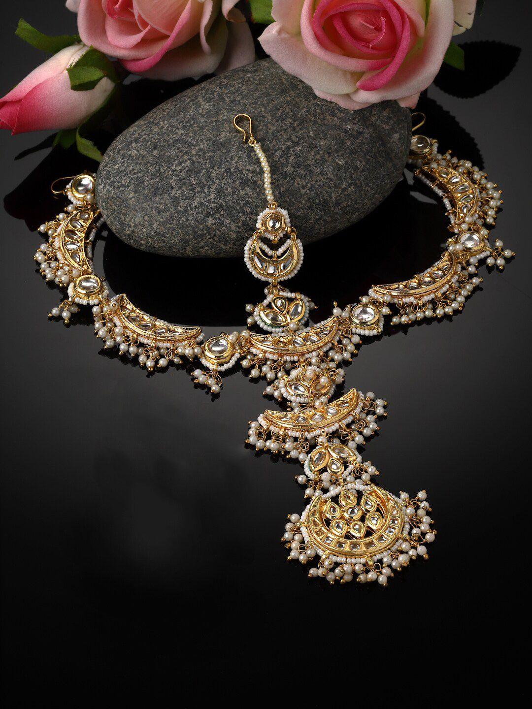 dugristyle gold-plated kundan-studded & pearls beaded layered matha patti