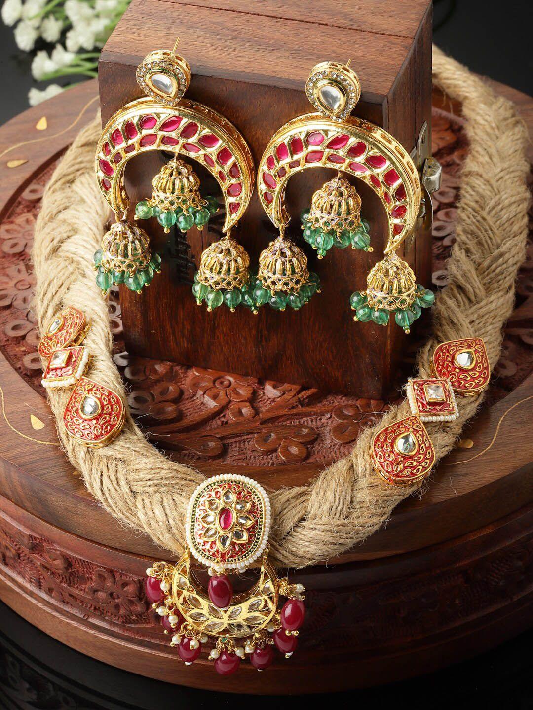 dugristyle gold-plated kundan-studded & pearls jewellery set
