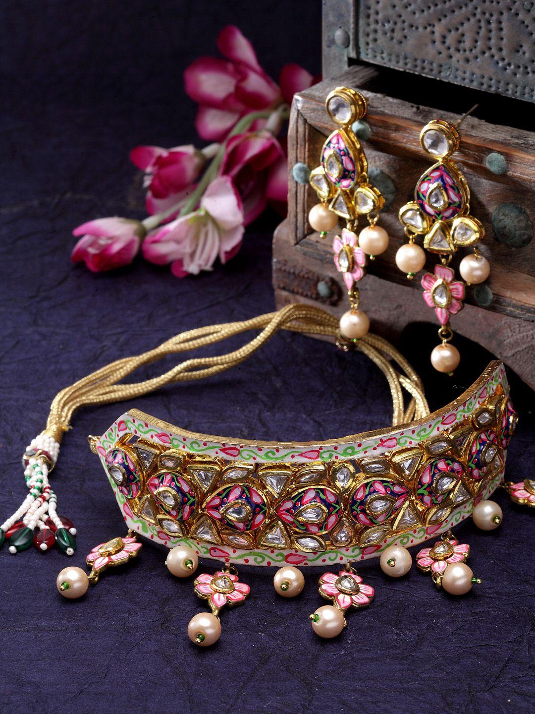 dugristyle gold-plated pink & white kundan-studded beaded meenakari jewellery set