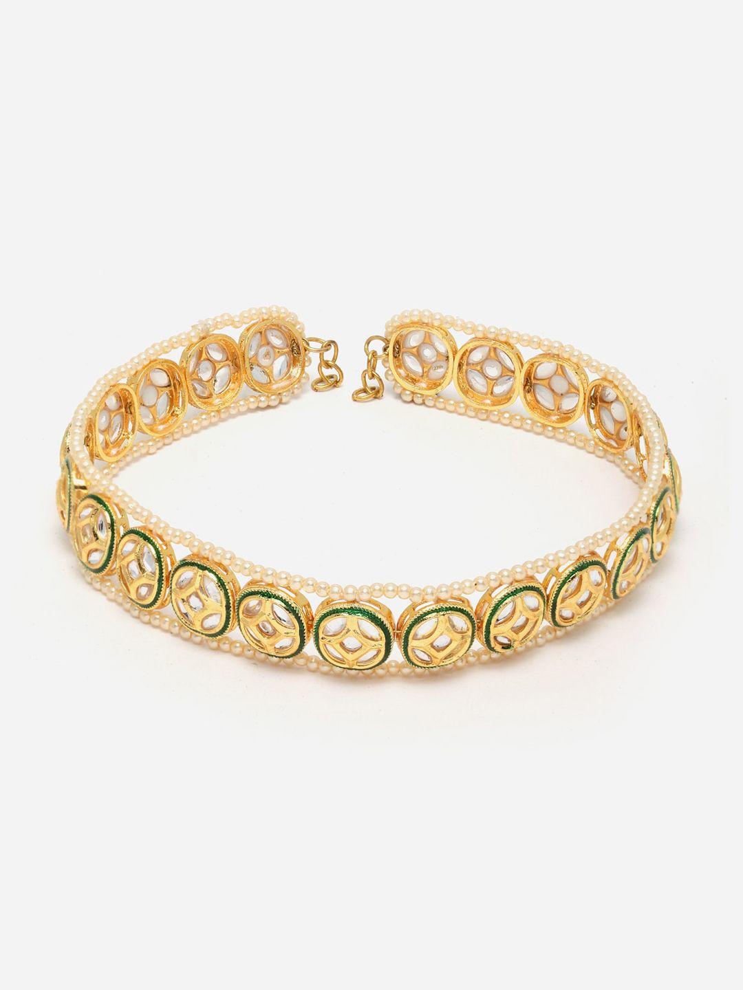 dugristyle gold-plated white & green kundan-studded & pearl beaded head jewellery