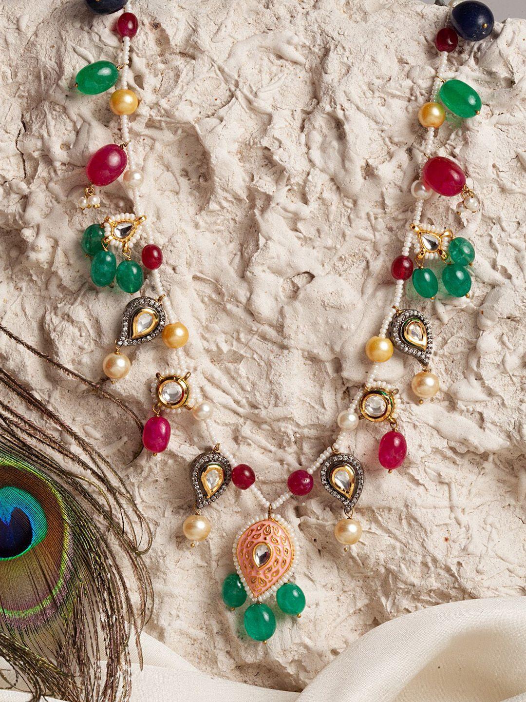 dugristyle gold-toned & red copper gold-plated kundan, pearls, multi haar necklace