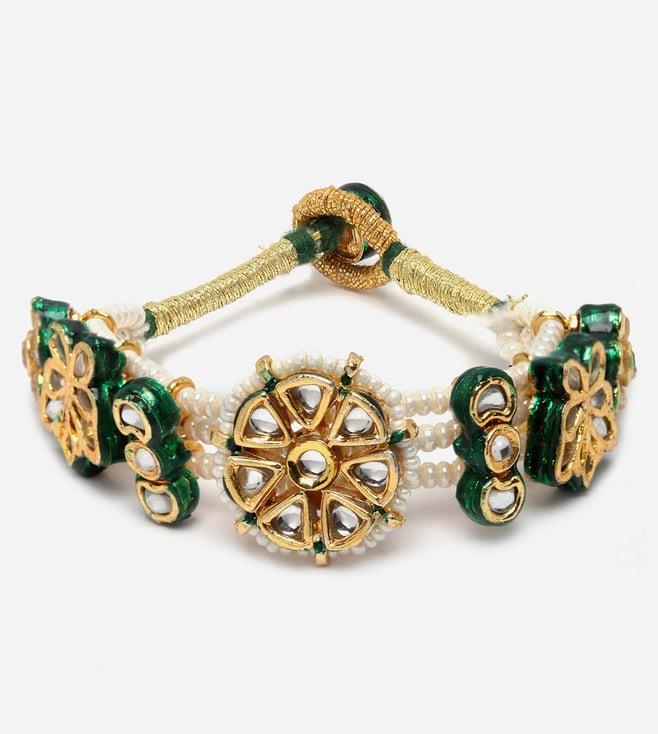 dugristyle green & gold adjustable bracelet with kundan & pearls