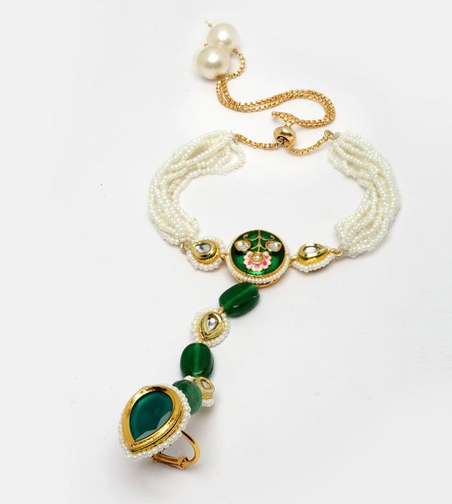 dugristyle green & gold adjustable hathphool with kundan & pearls