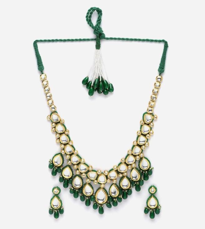 dugristyle green & gold necklace with earring jewellery set with kundan & pearls
