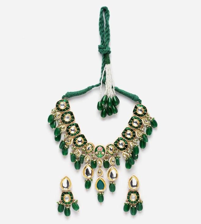dugristyle green & gold necklace with earring jewellery set with kundan & pearls