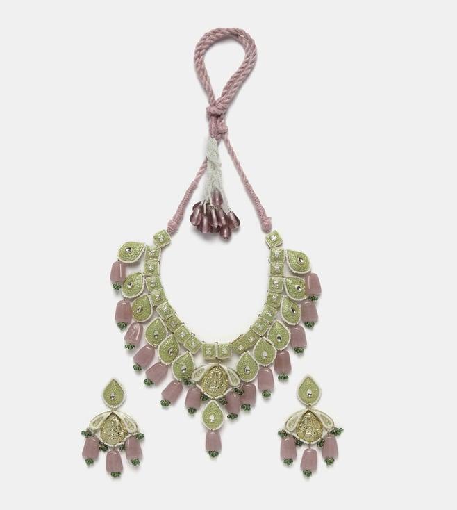 dugristyle green & pink necklace with earring jewellery set kundan & pearls