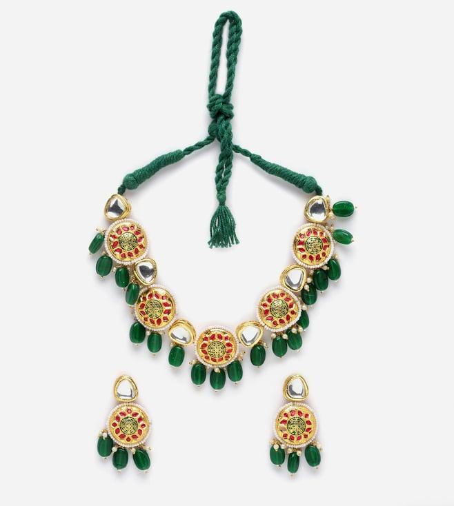 dugristyle green & pink necklace with earring jewellery set with kundan & pearls