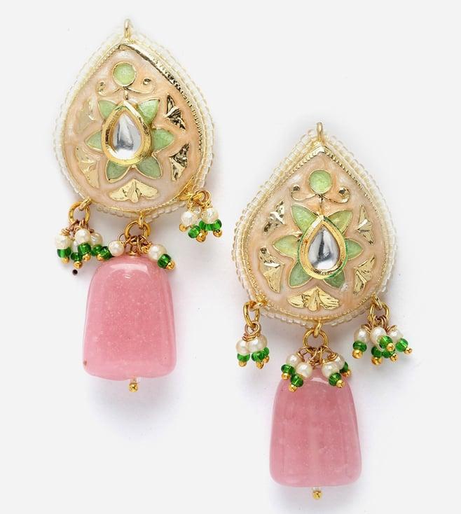 dugristyle peach & pink drop earring with kundan & pearls