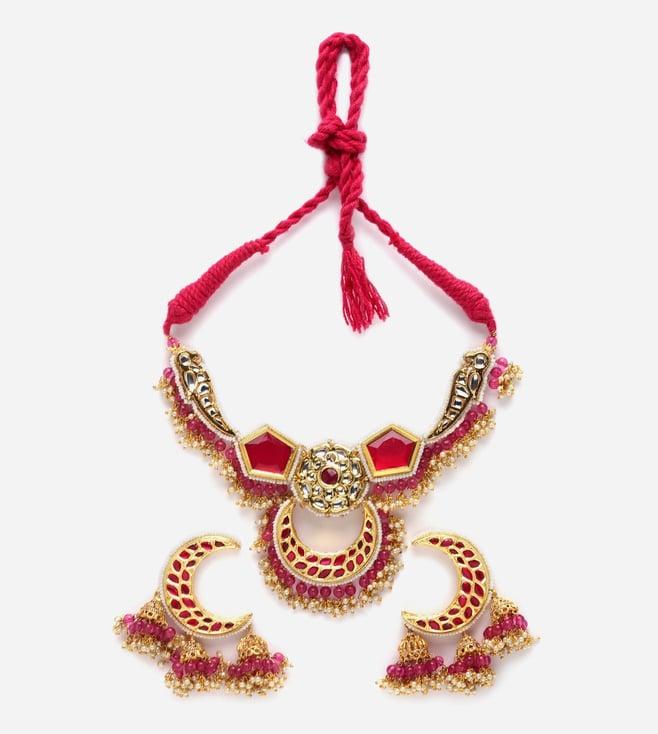 dugristyle pink & red necklace with earring jewellery set with kundan & pearls