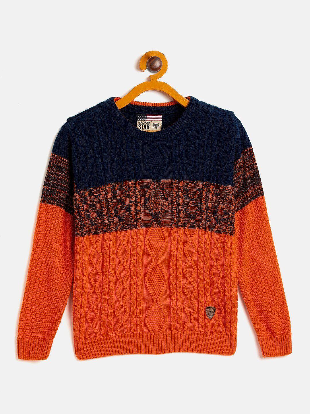 duke boys navy blue & orange cable knit colourblocked pullover