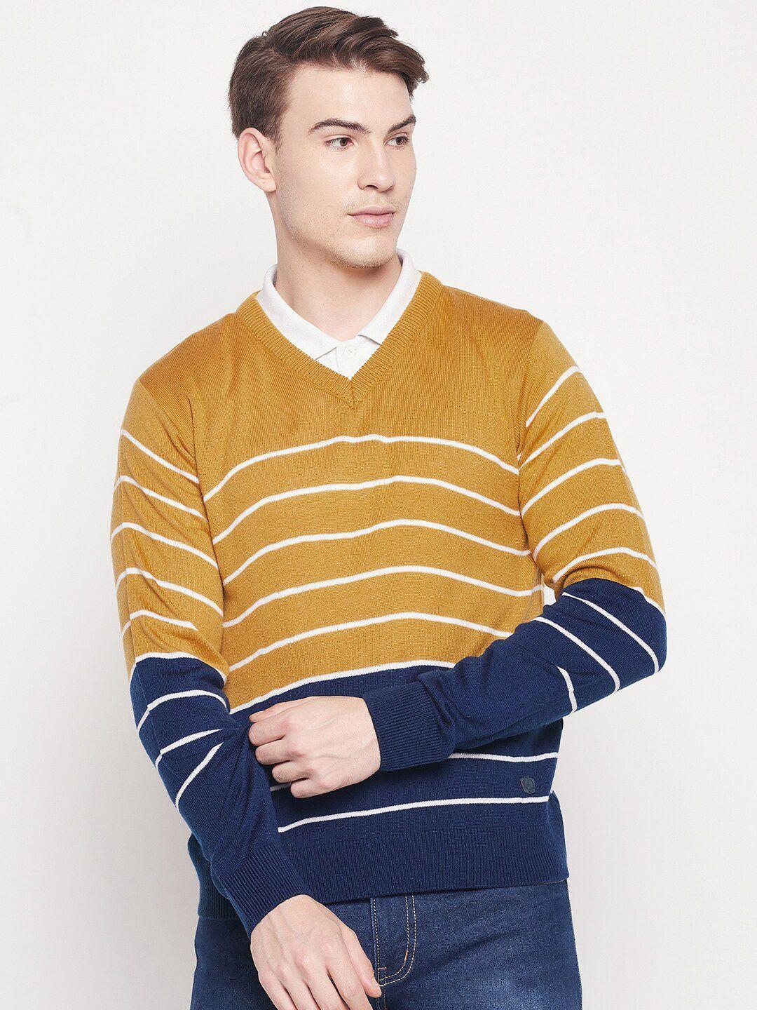 duke men yellow & navy blue striped acrylic pullover sweater