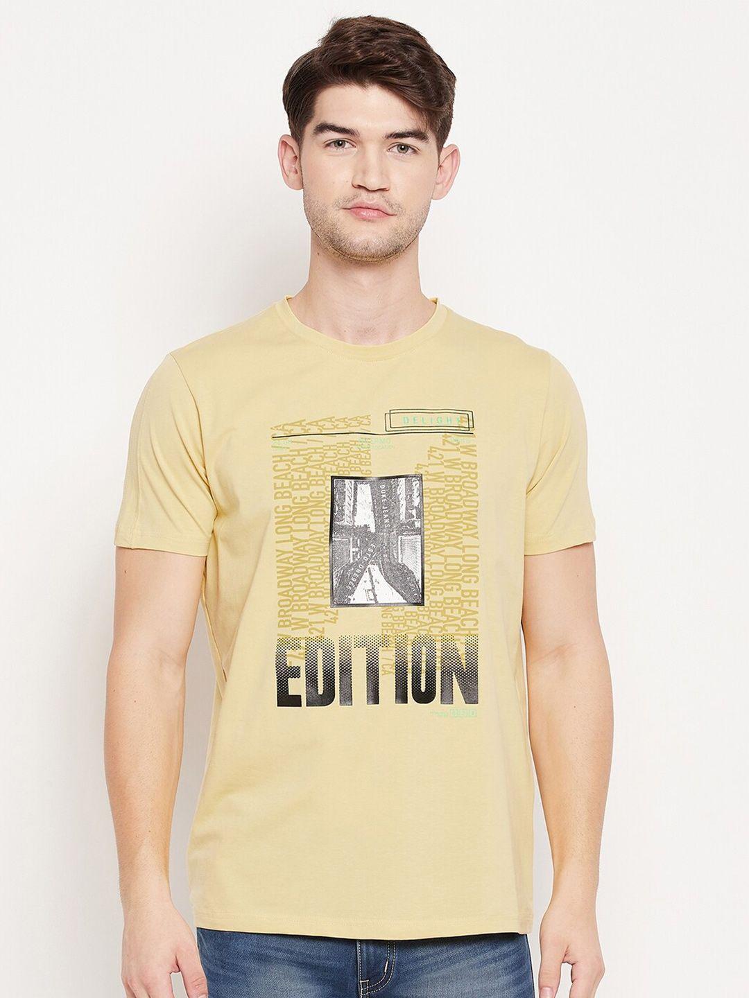 duke men yellow typography printed v-neck applique slim fit t-shirt