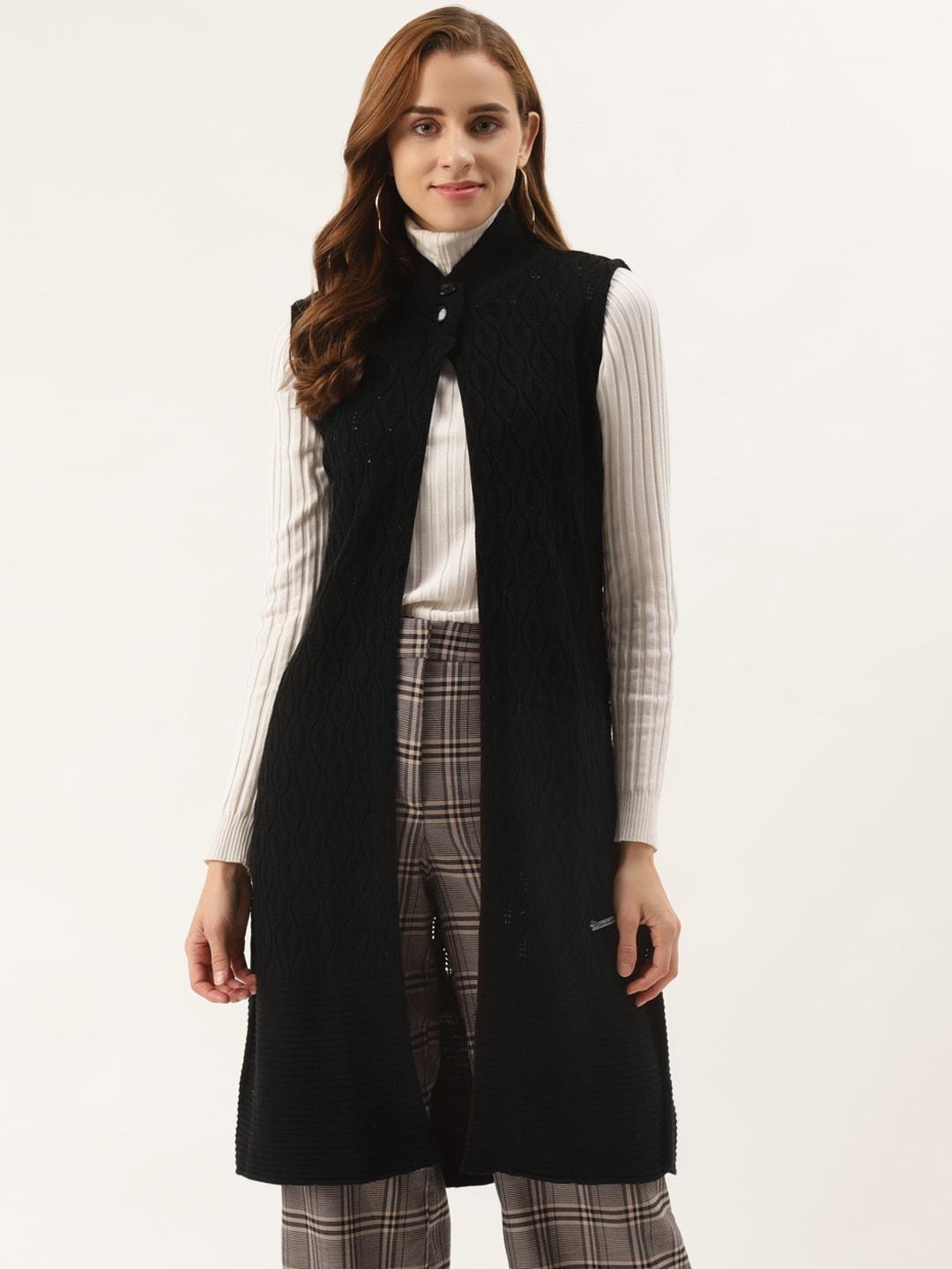 duke women black woollen self-design longline front-open sweater