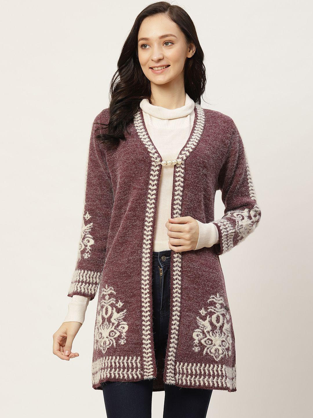 duke women maroon & white woven design longline open front sweater  with fuzzy detail