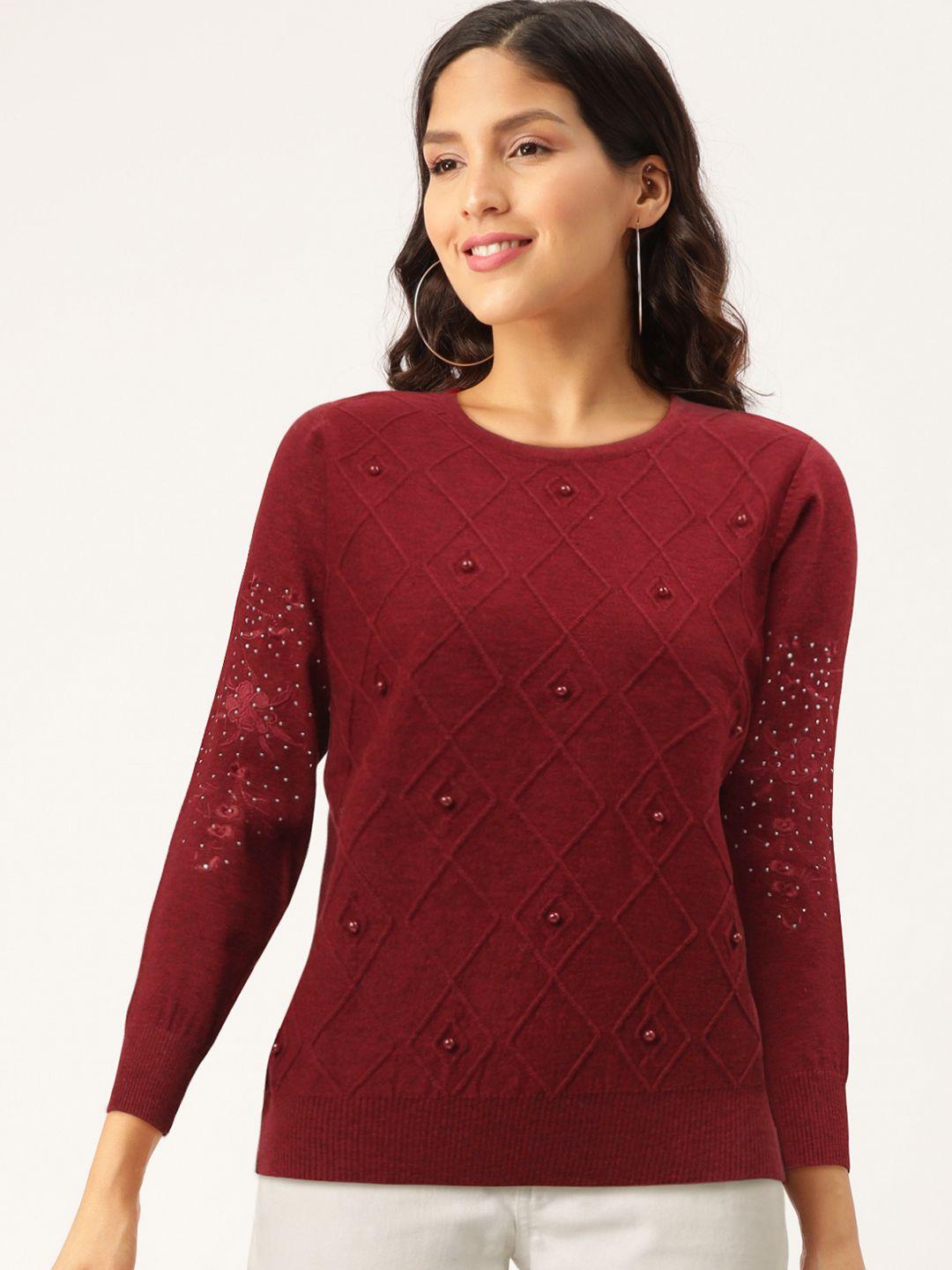 duke women maroon self design beaded sweater