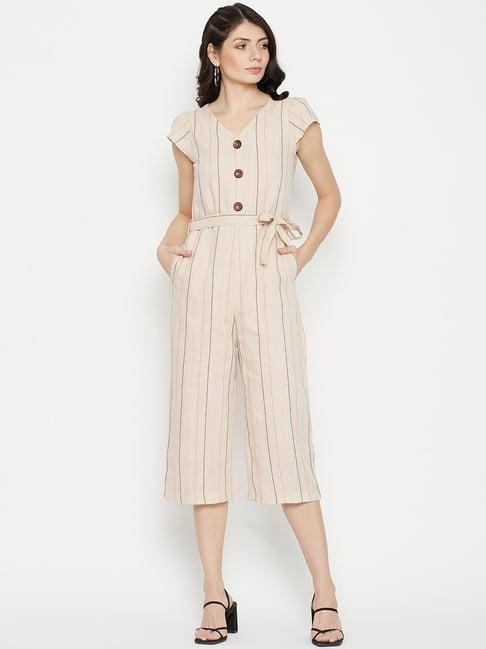 duke beige cotton v neck striped jumpsuit