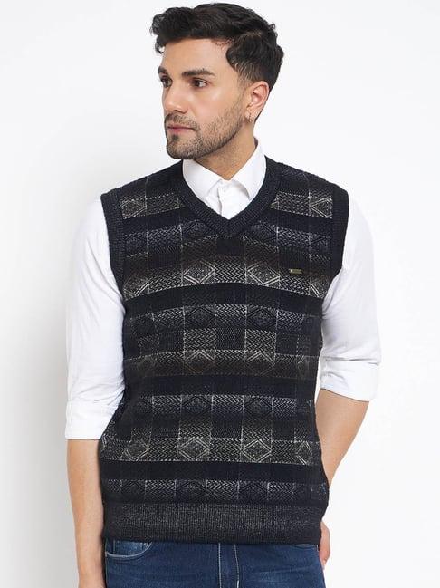 duke black regular fit self pattern sweater