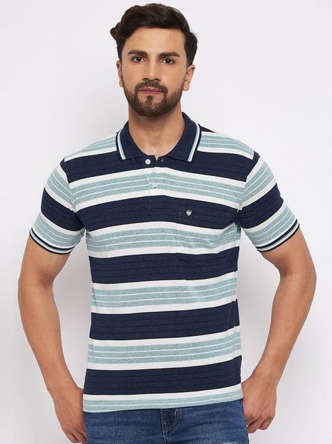 duke blue & green regular fit striped polo t-shirt
