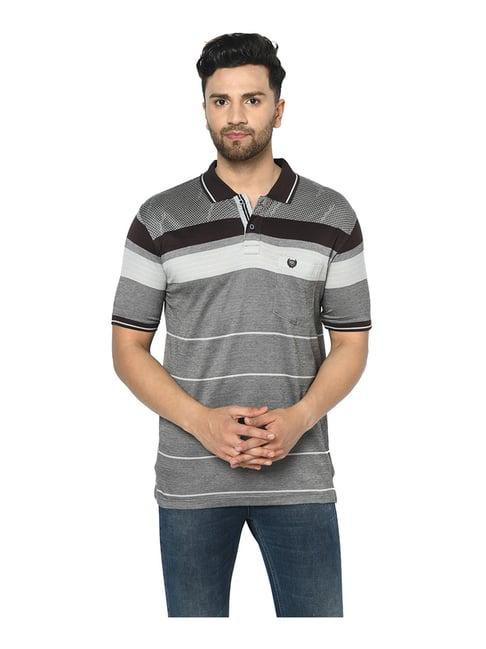 duke grey & brown cotton regular fit striped polo t-shirt