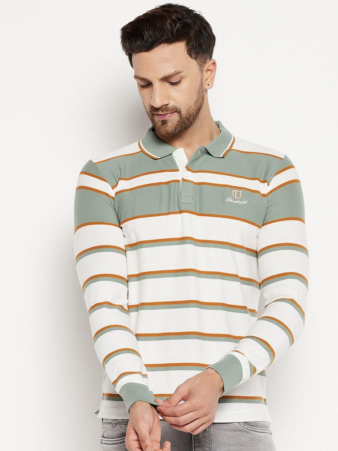 duke men green & white striped polo collar slim fit t-shirt