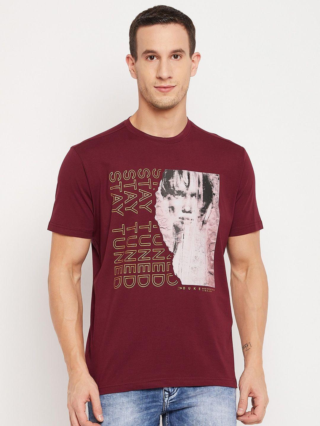 duke men maroon & multicoloured printed slim fit t-shirt