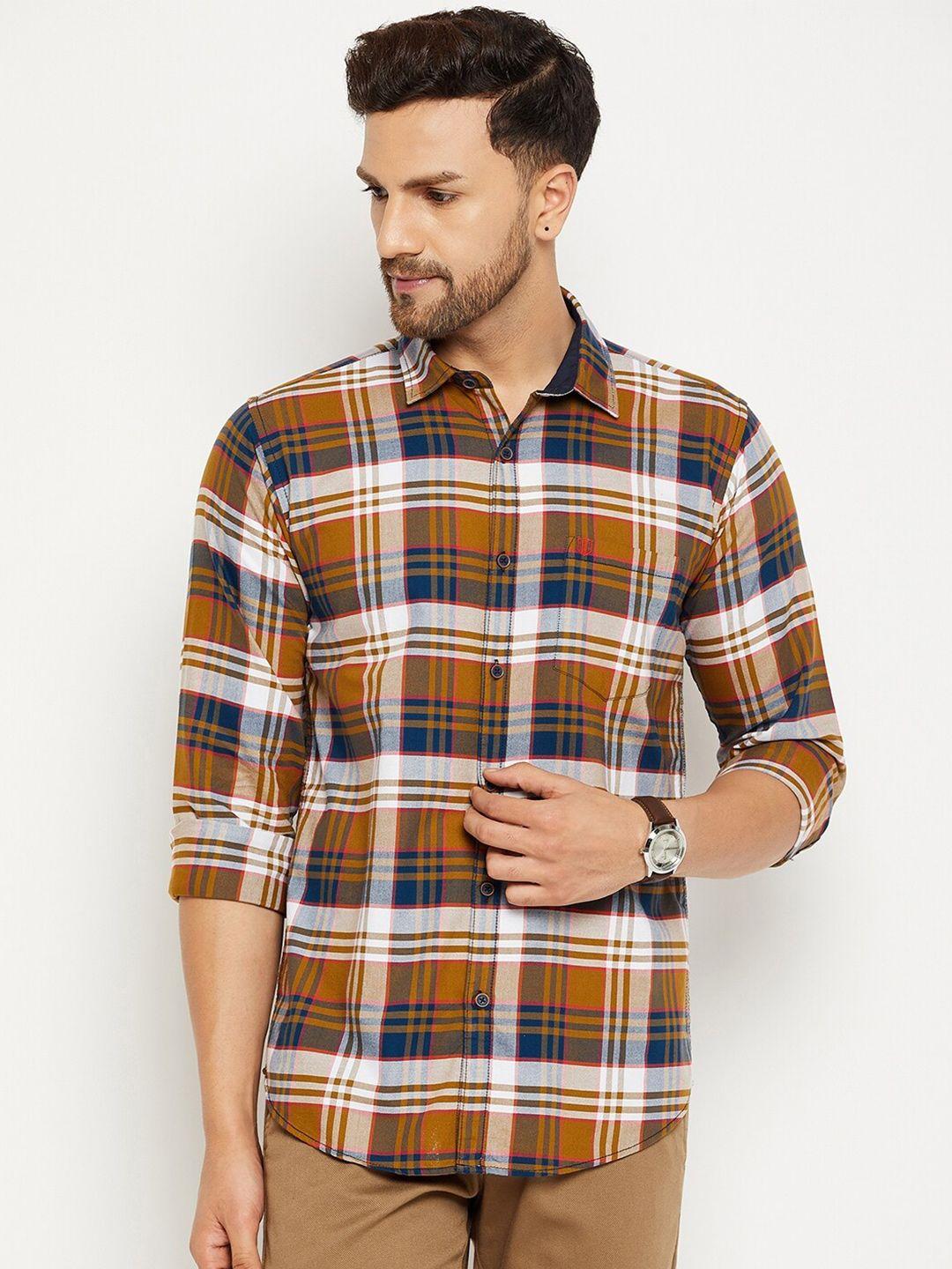 duke men mustard yellow & blue checked cotton casual shirt