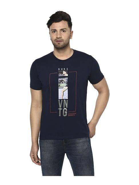 duke navy cotton regular fit printed t-shirt