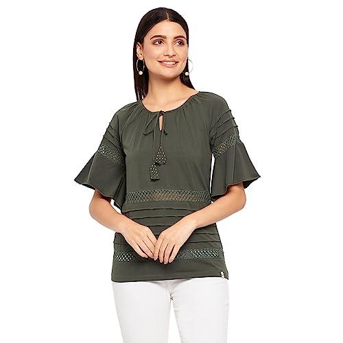 duke stardust women keyhole neck half sleeve solid top (lfx899_military_xl)