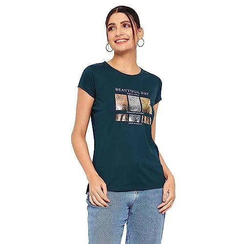 duke stardust women round neck short sleeve printed top (lfx897_teal_l)