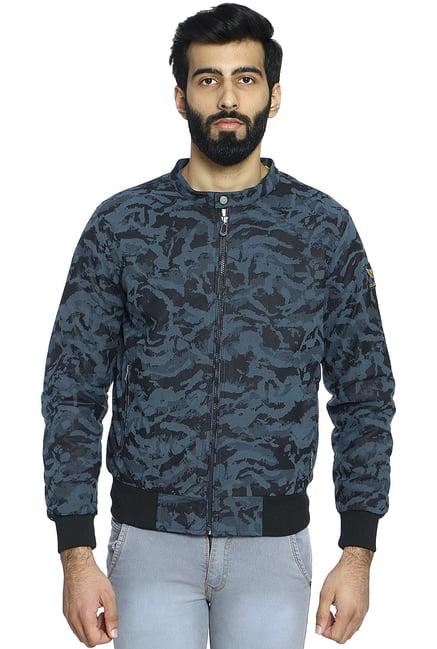 duke steel blue slim fit printed jacket