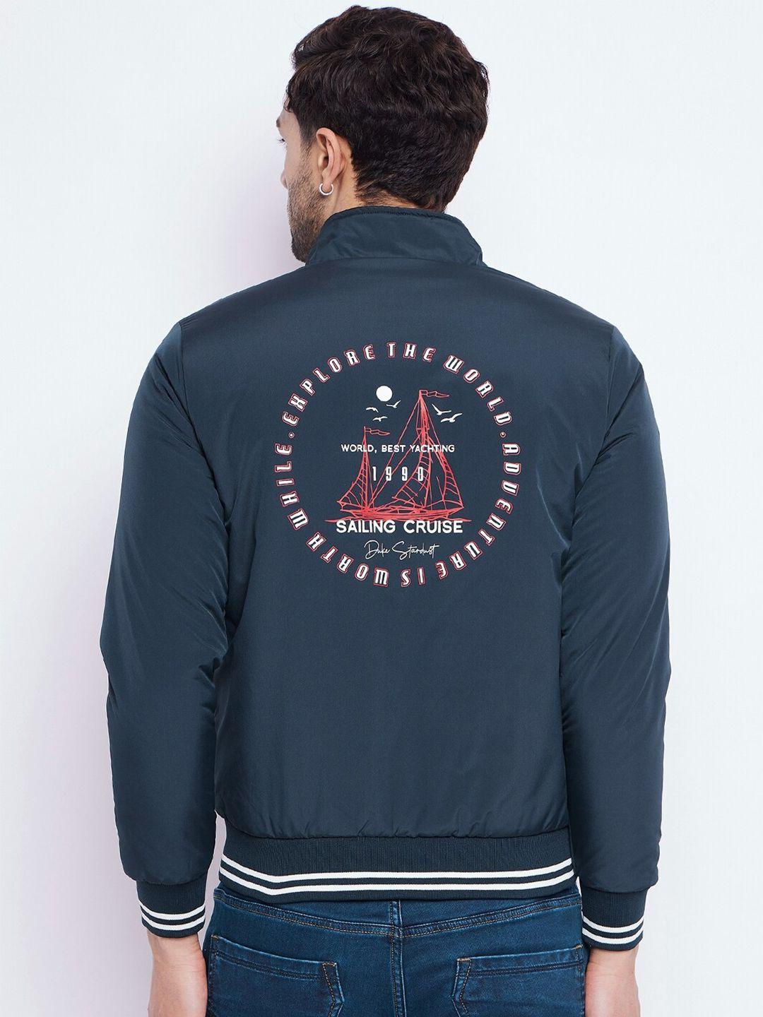 duke typography printed stand collar bomber jacket