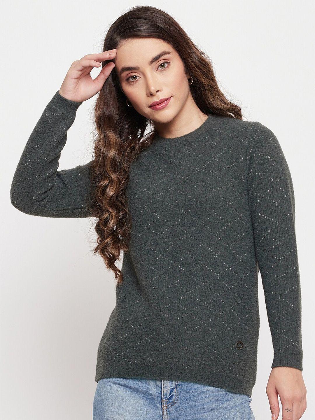 duke women green & silver-toned checked pullover sweater