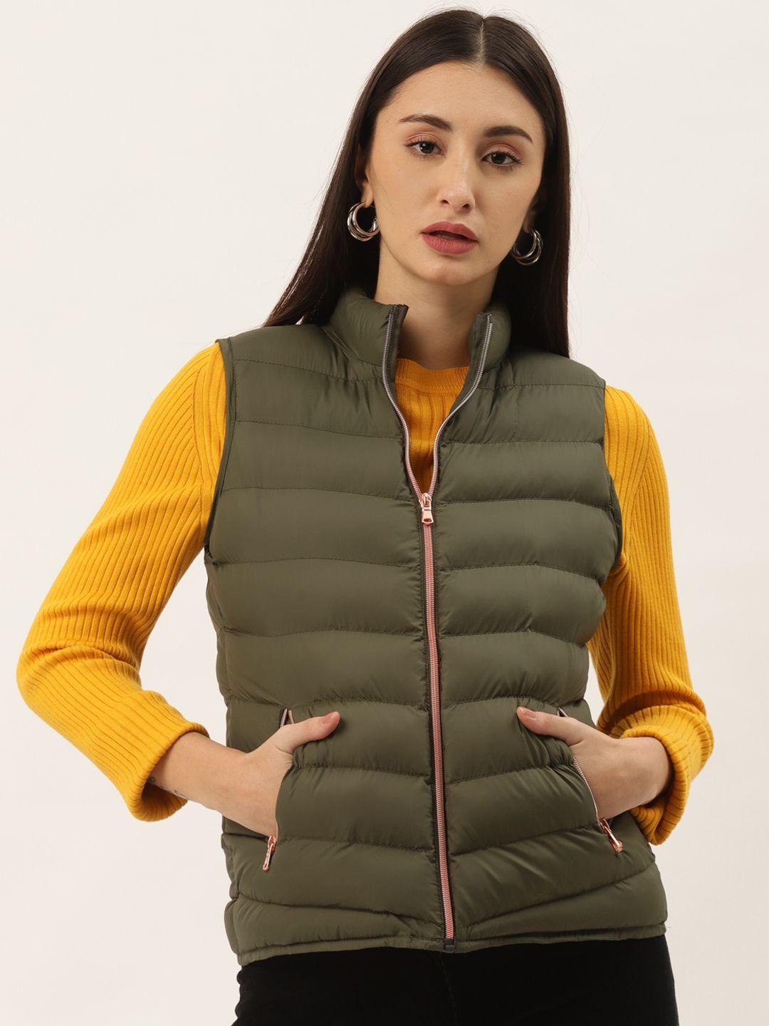 duke women olive green solid puffer jacket