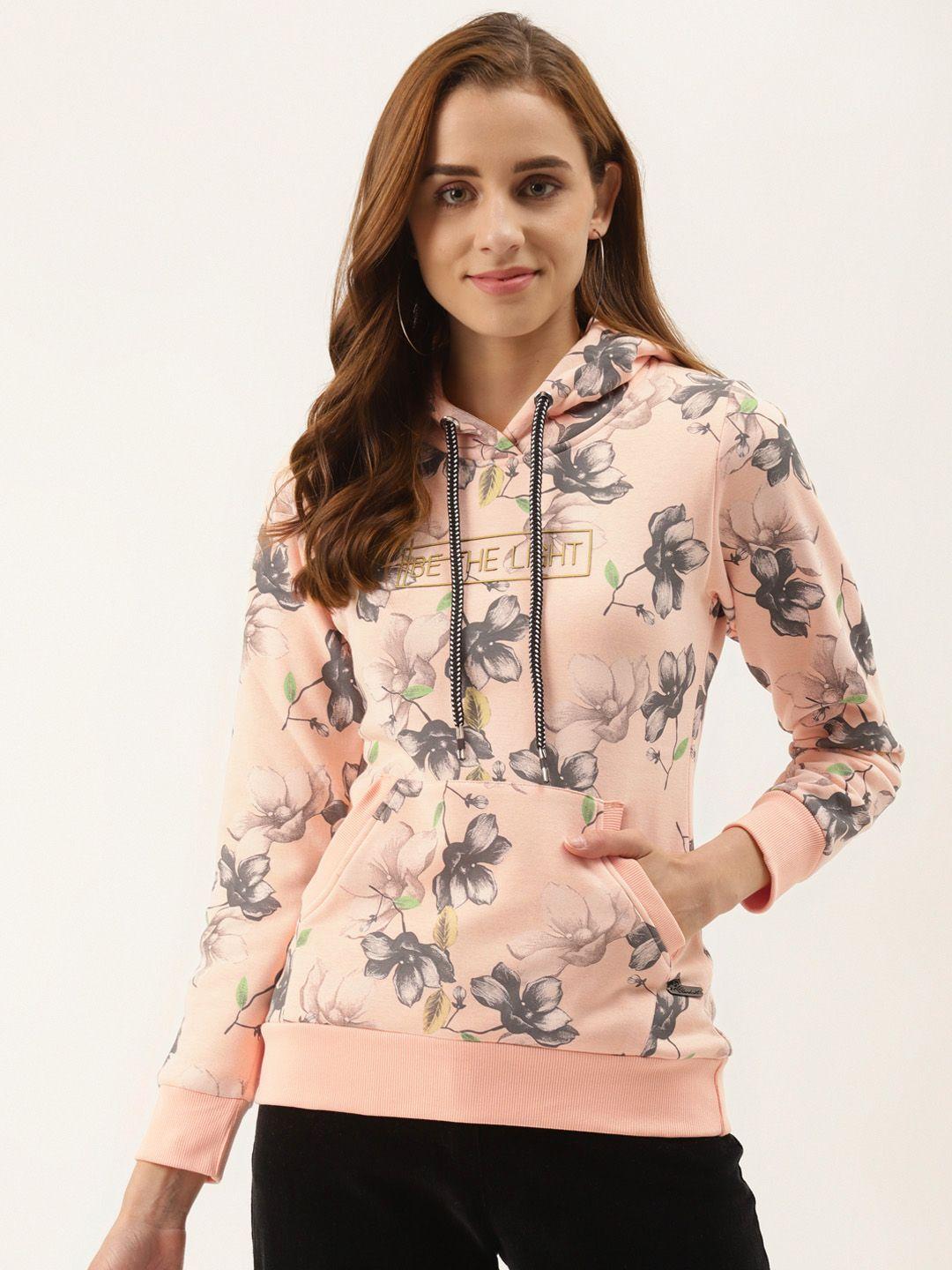 duke women peach-coloured & grey floral printed hooded sweatshirt