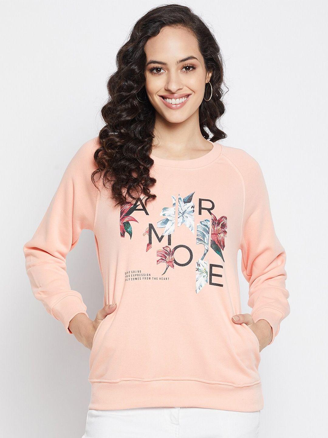 duke women peach-coloured printed fleece sweatshirt