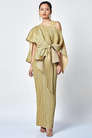 dull gold pleated cocktail gown with cape