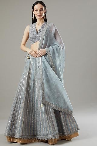 dull blue organza & raw silk lehenga set