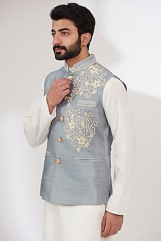 dull blue raw silk embroidered nehru jacket