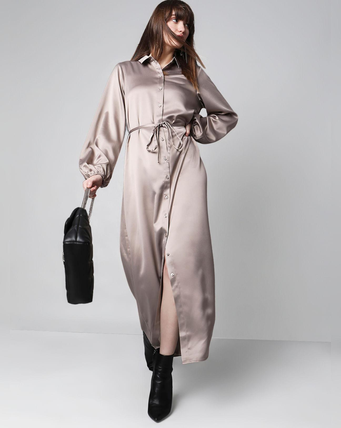 dull champagne satin maxi shirt dress