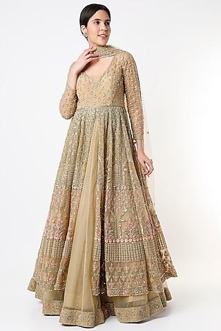 dull copper embroidered jacket lehenga set