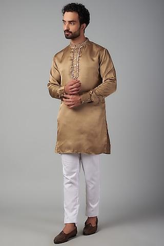 dull gold dupion silk applique embroidered kurta set for boys