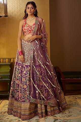 dull grape hand embroidered & printed traditional lehenga set