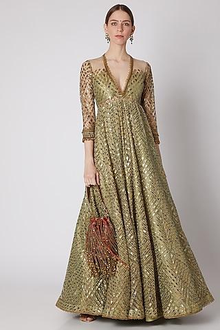 dull green embroidered anarkali