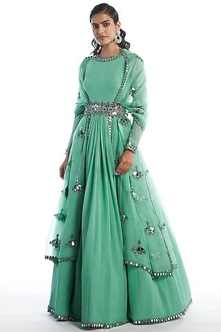 dull green hand embellished anarkali set