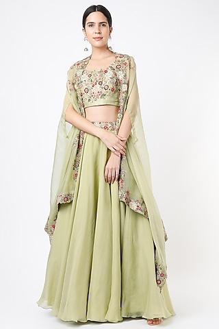 dull green hand embroidered lehenga set