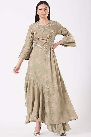 dull green muslin embroidered gown